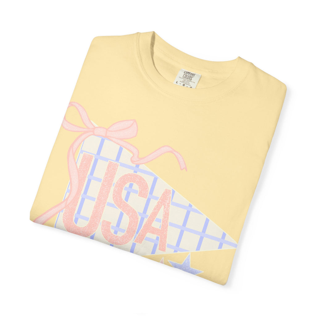 USA Pennant Graphic T-Shirt — Retro Ribbon Stars Fourth of July Tee