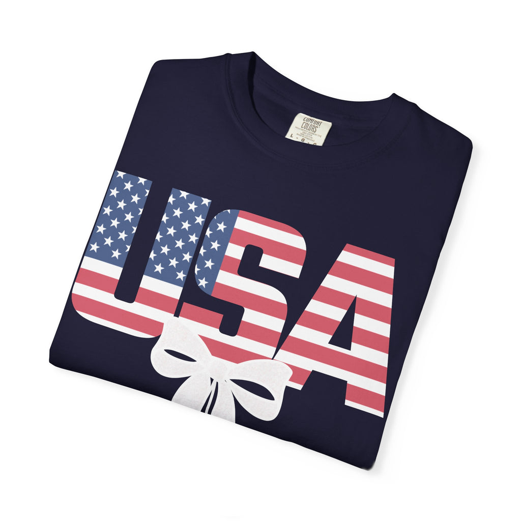 Patriotic USA Bow T-Shirt — American Flag Stars Graphic Tee for 4th of July