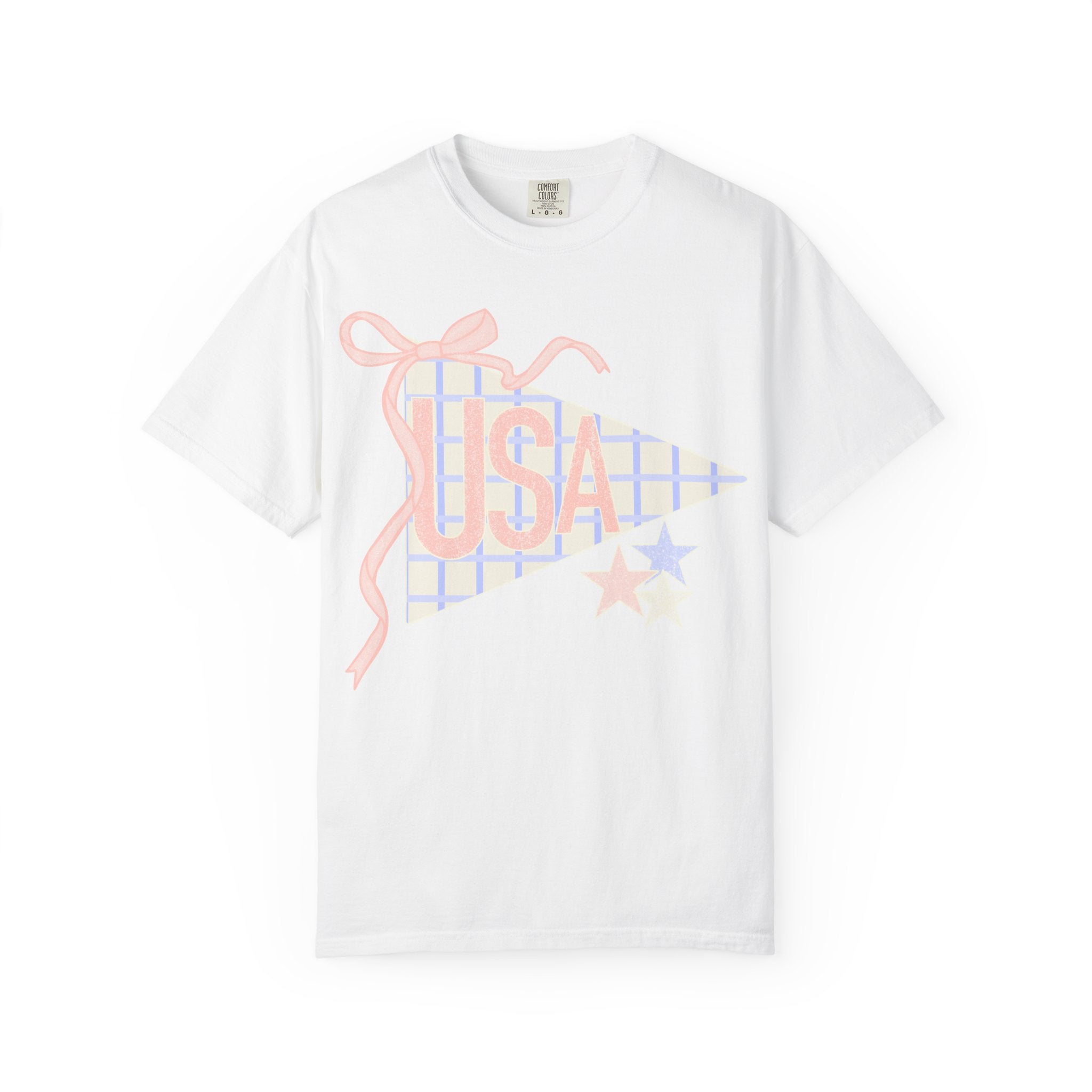 USA Pennant Graphic T-Shirt — Retro Ribbon Stars Fourth of July Tee