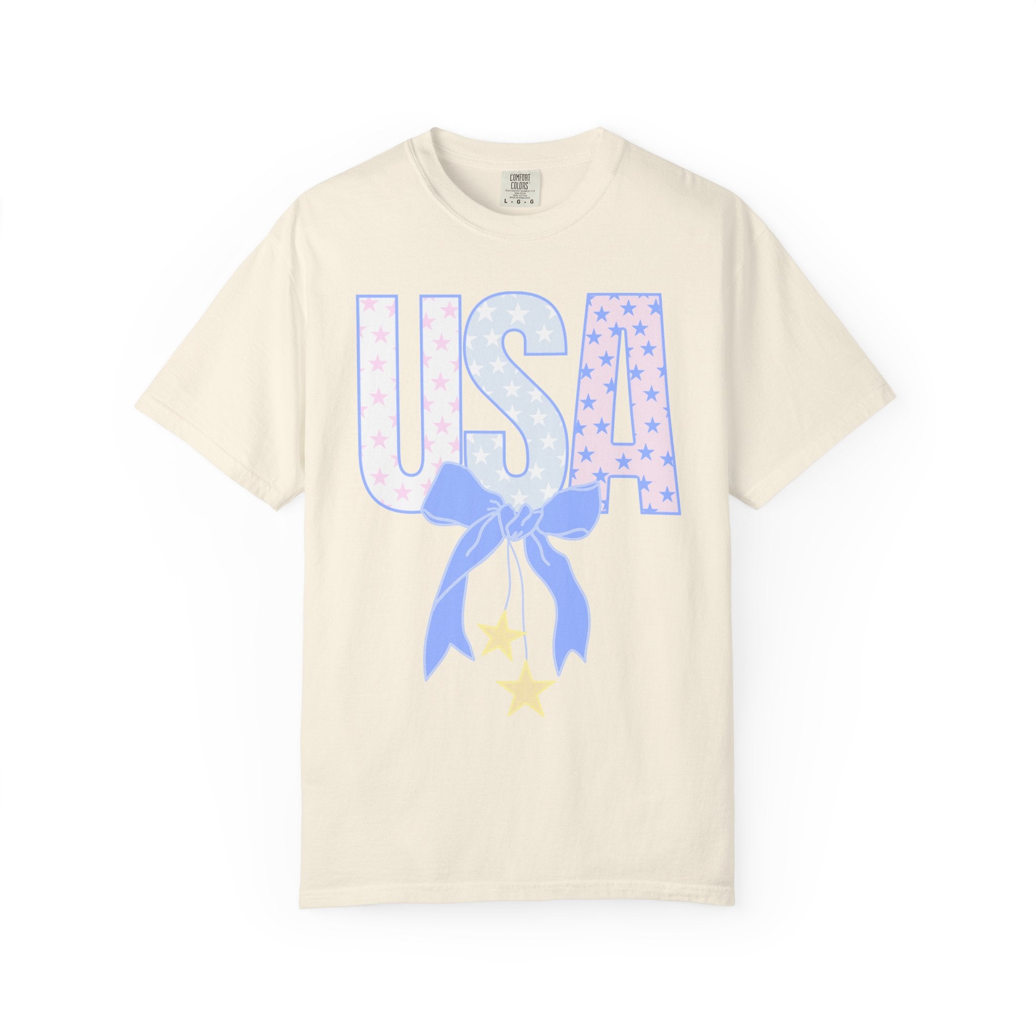 USA Bow Graphic T-Shirt — Pastel Stars Patriotic Tee