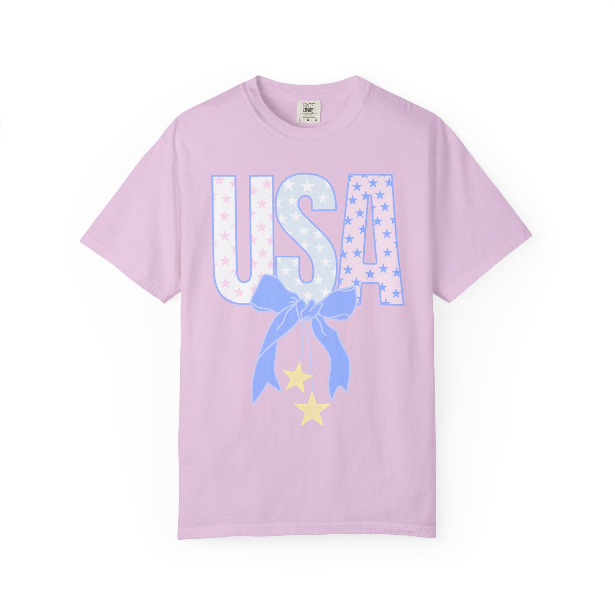 USA Bow Graphic T-Shirt — Pastel Stars Patriotic Tee