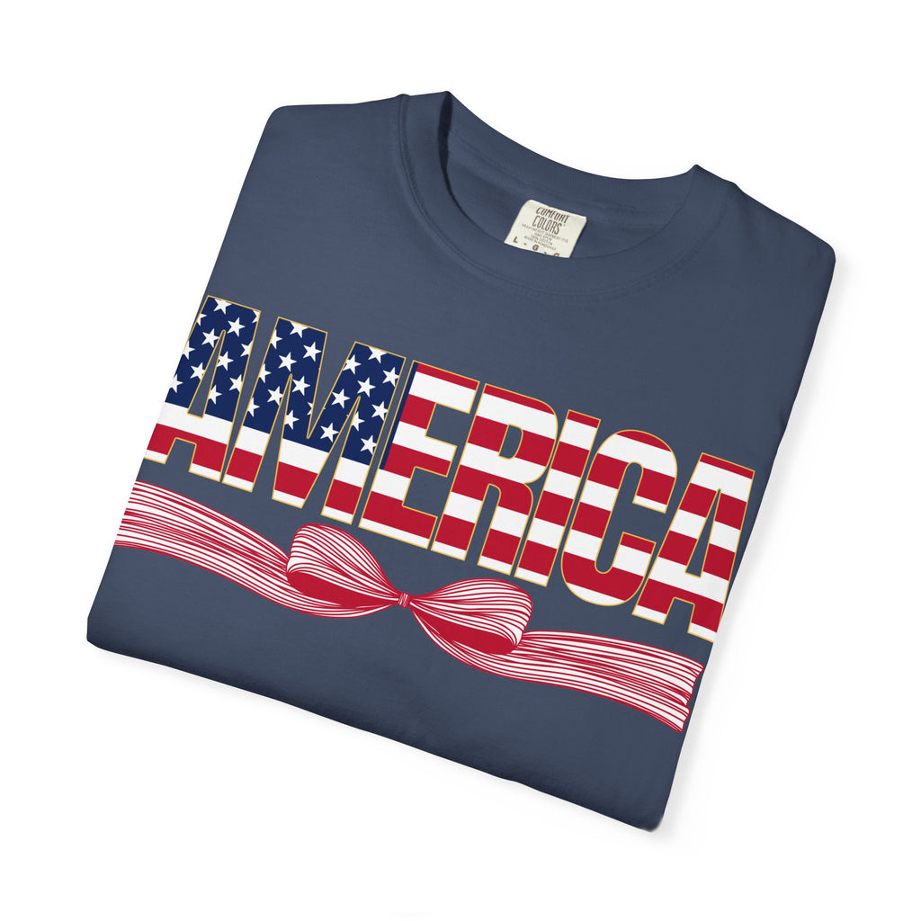 America Flag Bow T-Shirt — Patriotic USA Graphic Tee for 4th of July