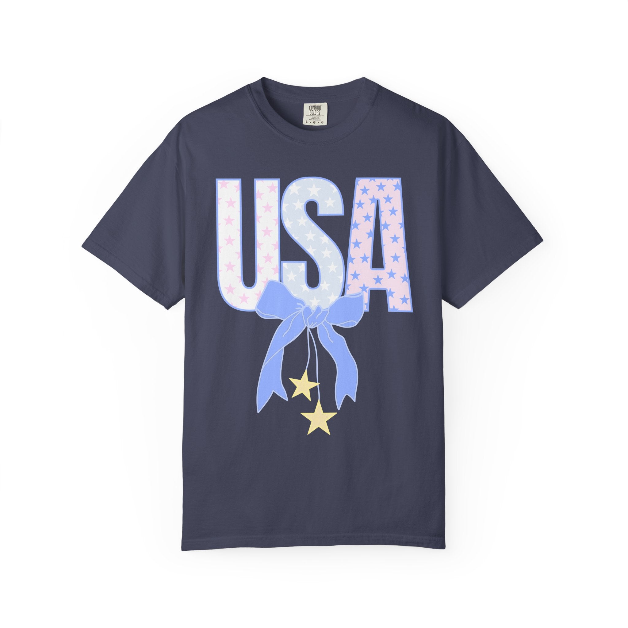 USA Bow Graphic T-Shirt — Pastel Stars Patriotic Tee