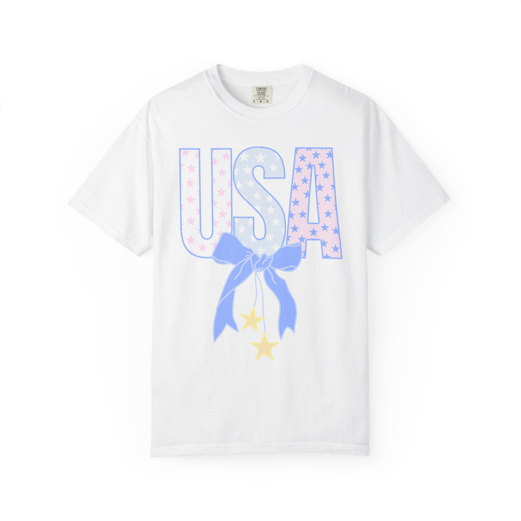 USA Bow Graphic T-Shirt — Pastel Stars Patriotic Tee