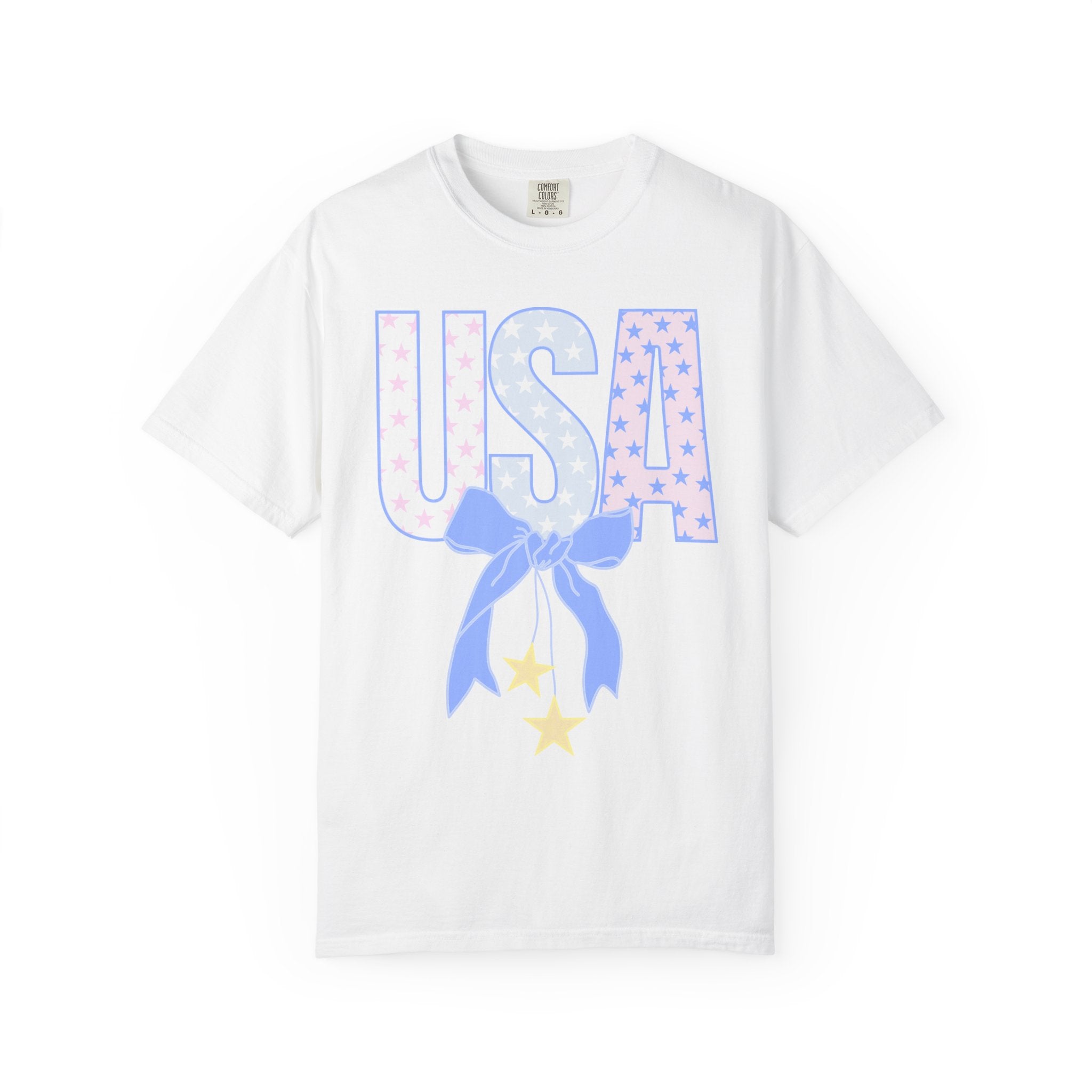 USA Bow Graphic T-Shirt — Pastel Stars Patriotic Tee