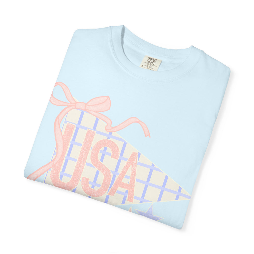 USA Pennant Graphic T-Shirt — Retro Ribbon Stars Fourth of July Tee