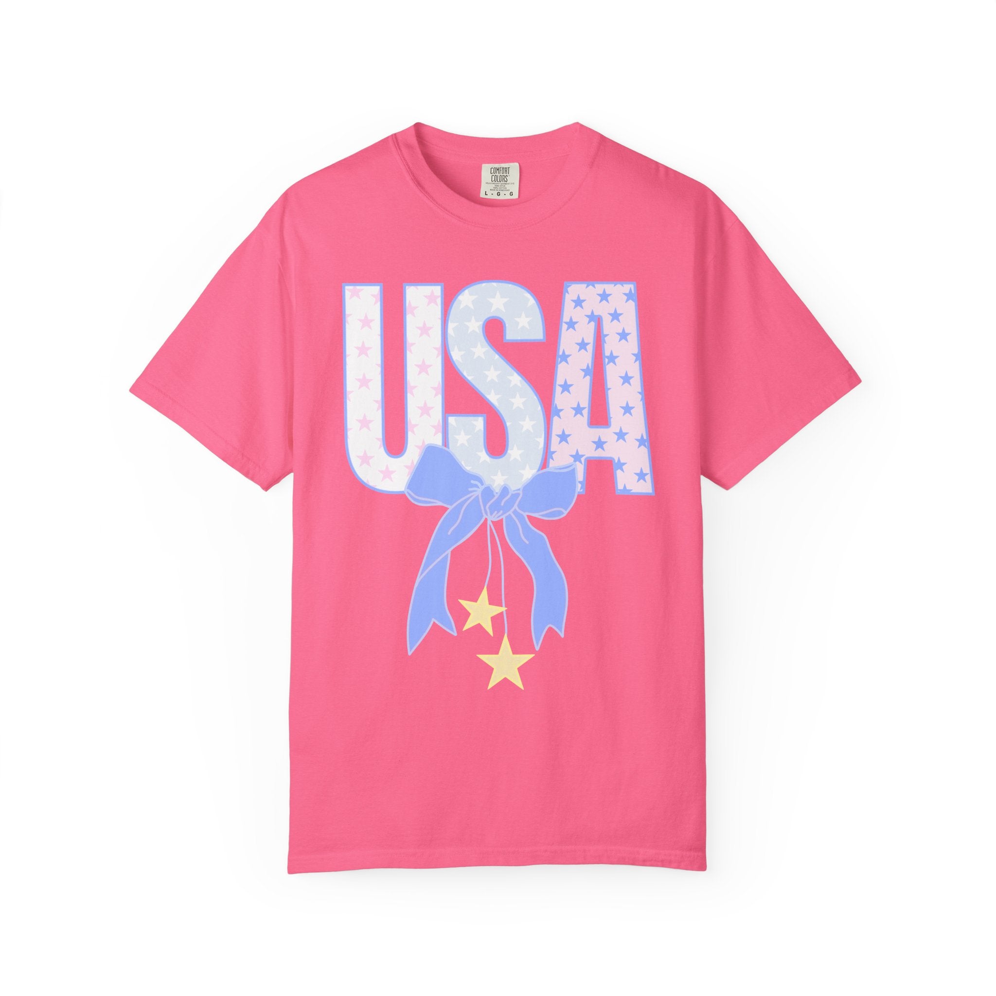 USA Bow Graphic T-Shirt — Pastel Stars Patriotic Tee
