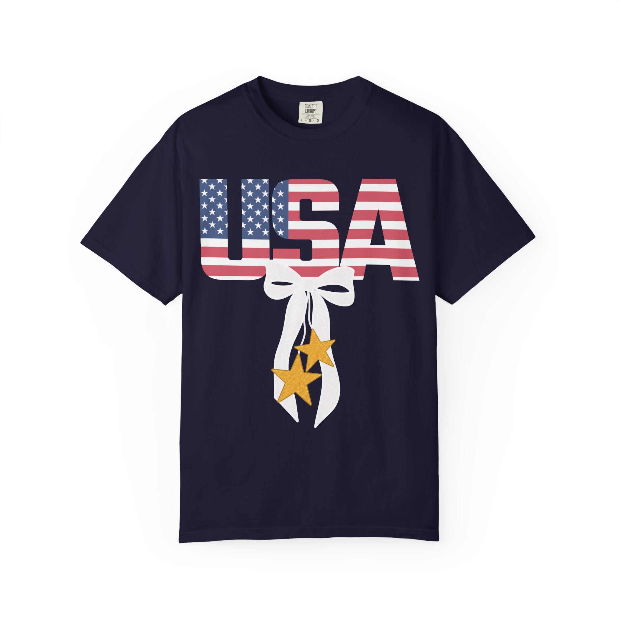 Patriotic USA Bow T-Shirt — American Flag Stars Graphic Tee for 4th of July