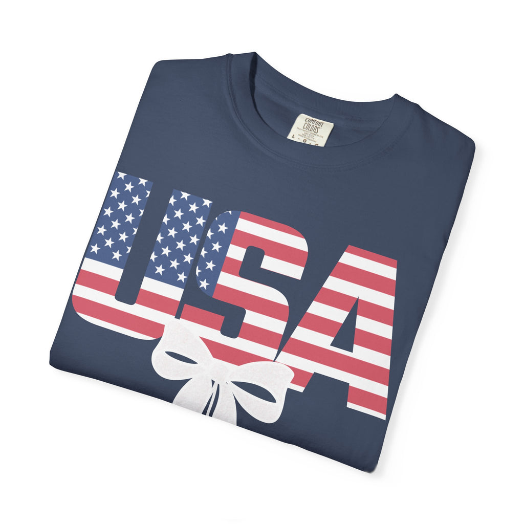 Patriotic USA Bow T-Shirt — American Flag Stars Graphic Tee for 4th of July
