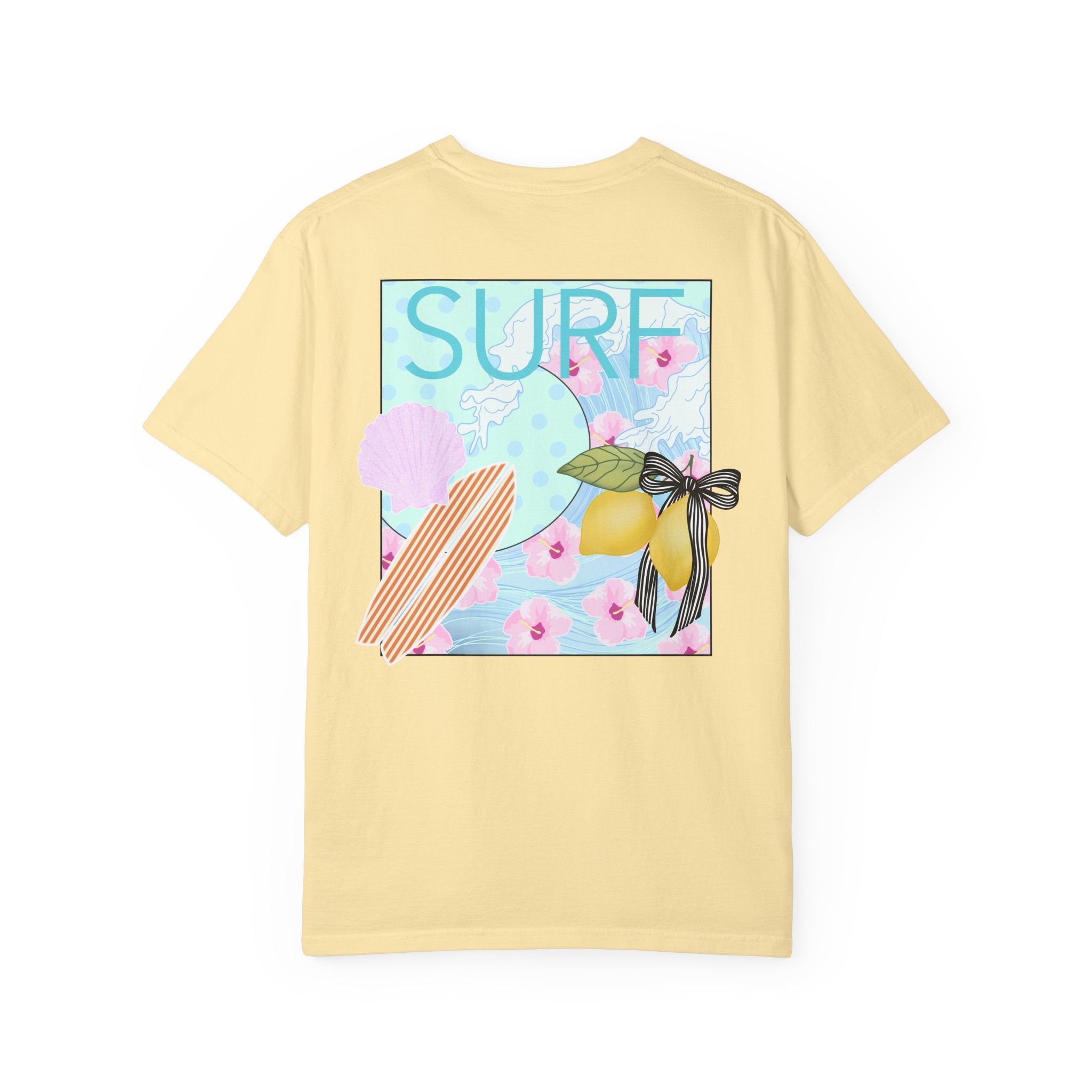 Surf Lemon Graphic T-Shirt — Vintage Surfboard & Floral Beach Tee