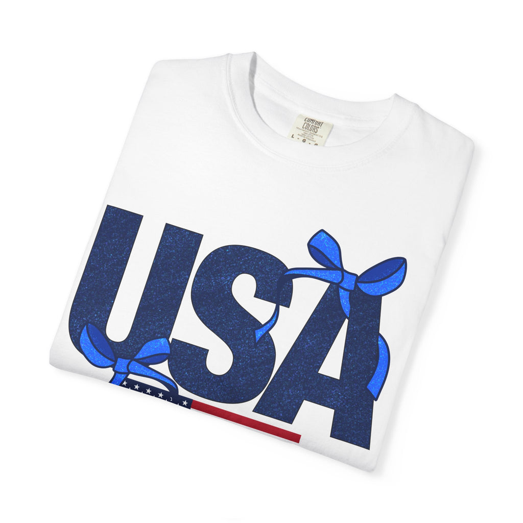 USA Flag T-Shirt with Blue Ribbon Graphic — Patriotic 4th of July Tee