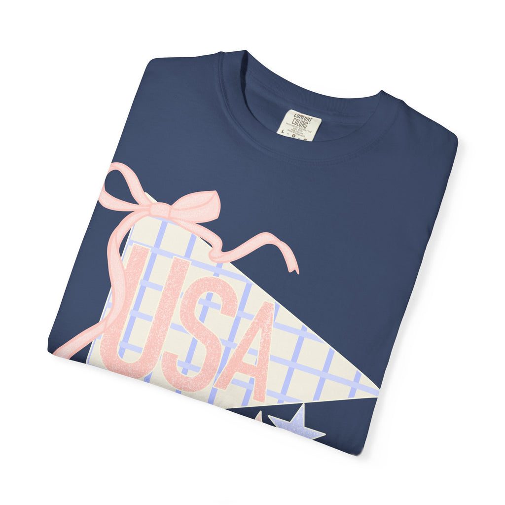 USA Pennant Graphic T-Shirt — Retro Ribbon Stars Fourth of July Tee