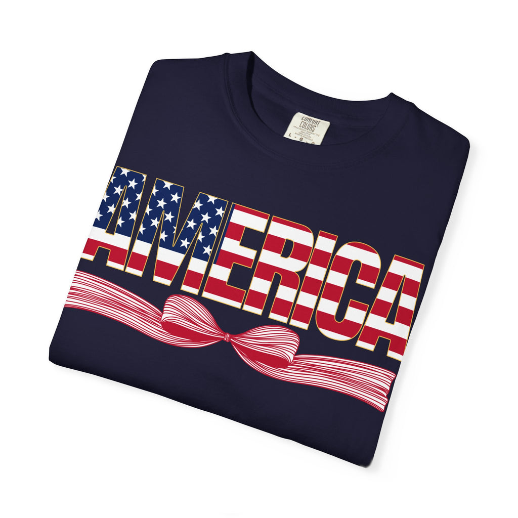 America Flag Bow T-Shirt — Patriotic USA Graphic Tee for 4th of July