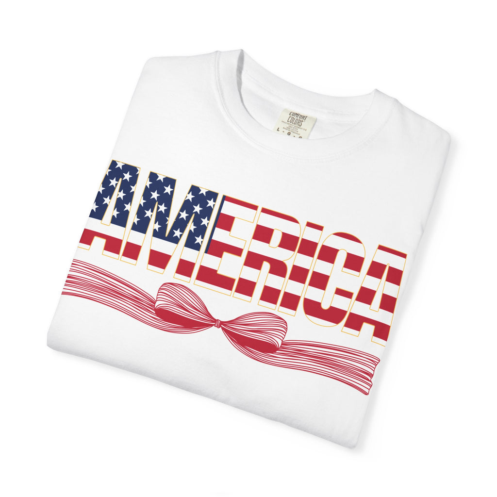 America Flag Bow T-Shirt — Patriotic USA Graphic Tee for 4th of July