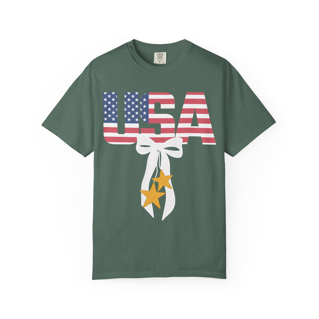 Patriotic USA Bow T-Shirt — American Flag Stars Graphic Tee for 4th of July