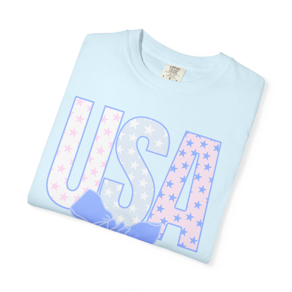USA Bow Graphic T-Shirt — Pastel Stars Patriotic Tee