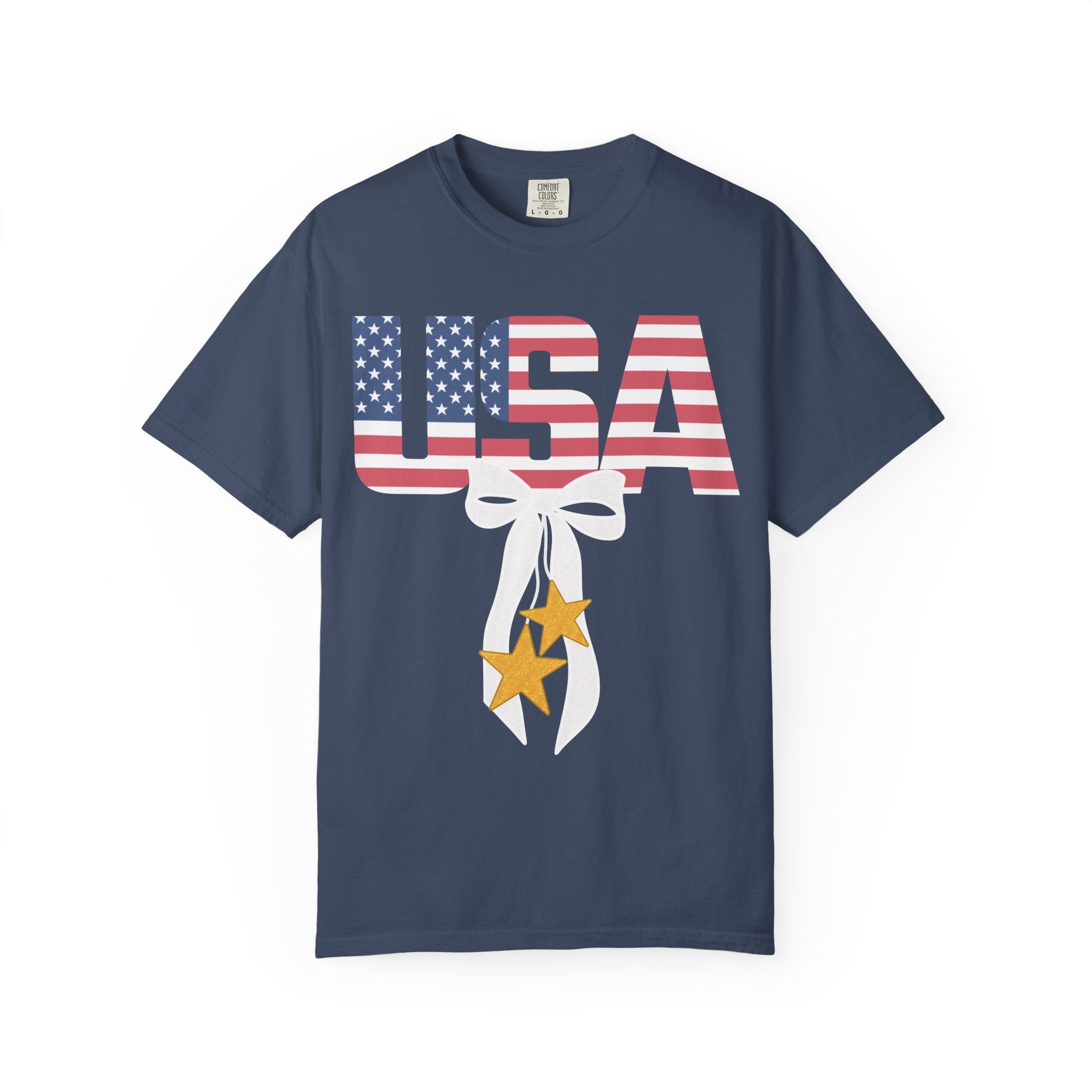 Patriotic USA Bow T-Shirt — American Flag Stars Graphic Tee for 4th of July