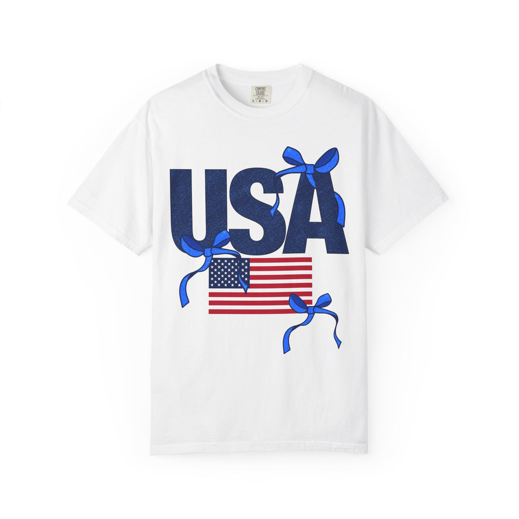 USA Flag T-Shirt with Blue Ribbon Graphic — Patriotic 4th of July Tee