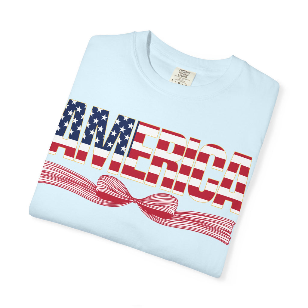 America Flag Bow T-Shirt — Patriotic USA Graphic Tee for 4th of July