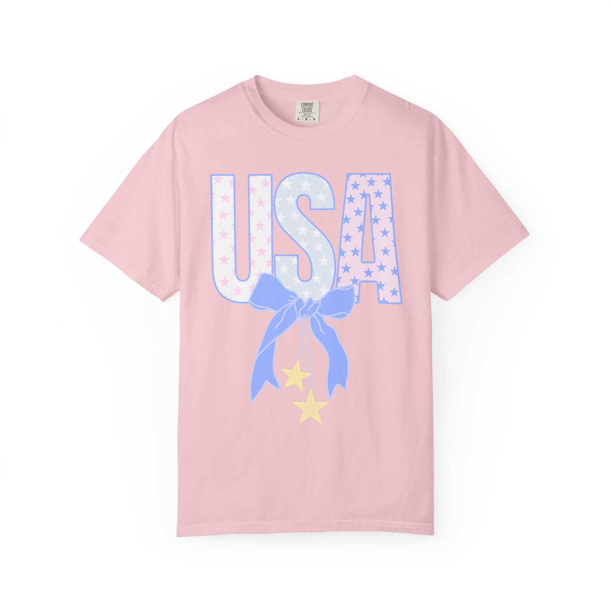 USA Bow Graphic T-Shirt — Pastel Stars Patriotic Tee