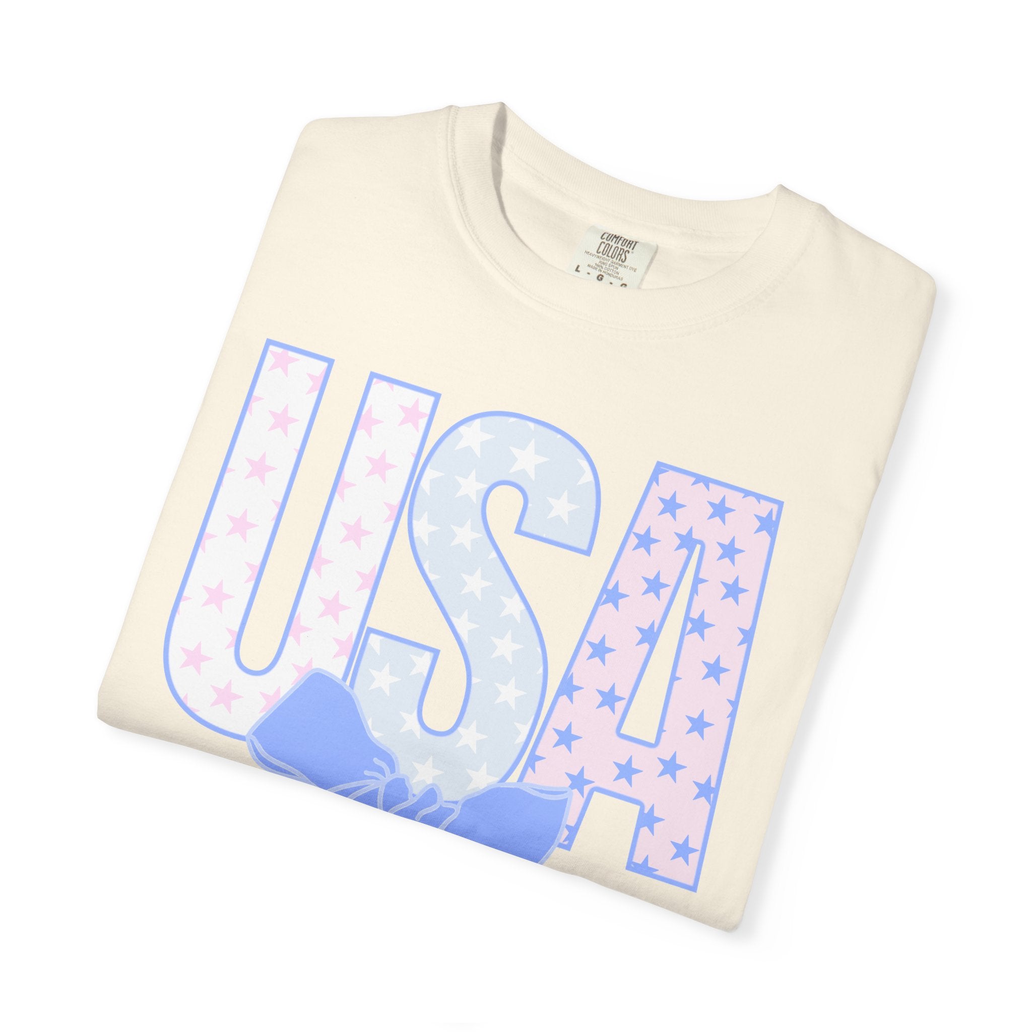 USA Bow Graphic T-Shirt — Pastel Stars Patriotic Tee