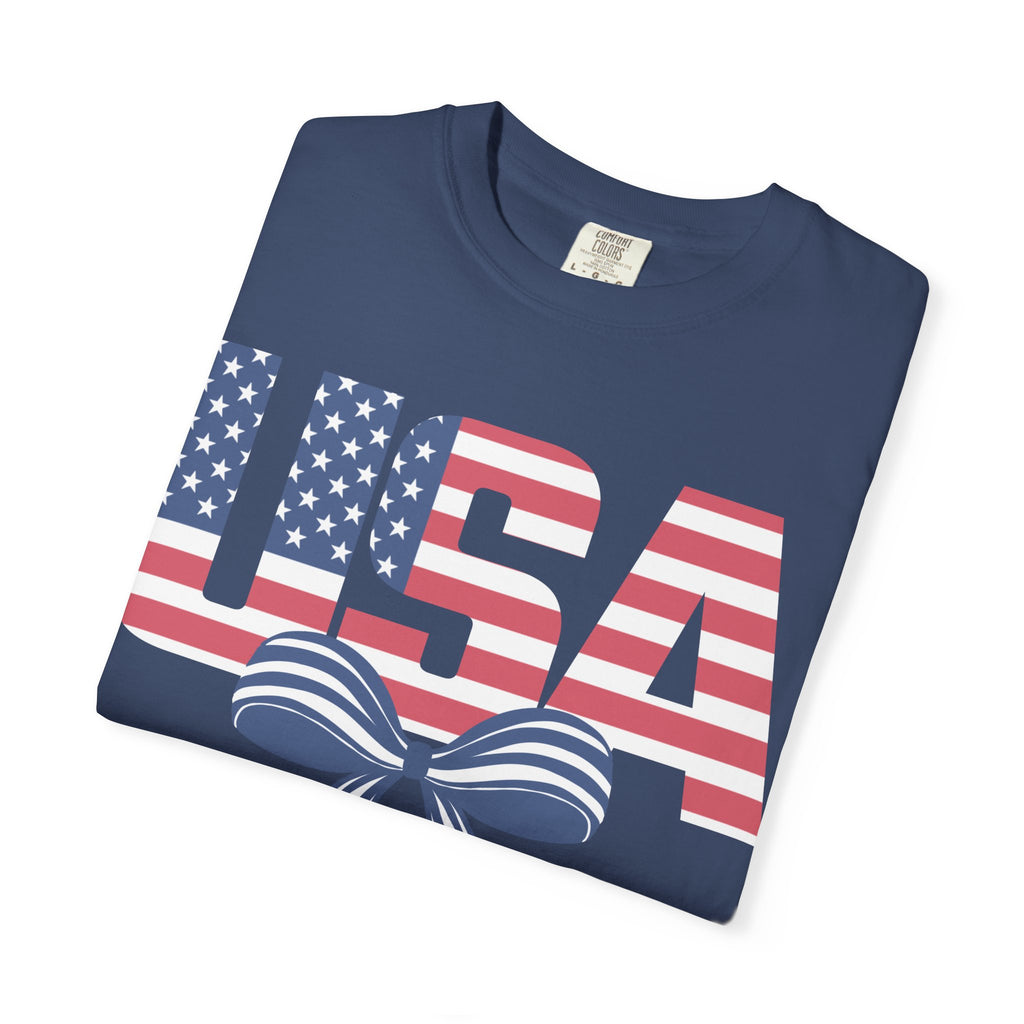 USA Flag Bow T-Shirt — Patriotic 4th of July Tee