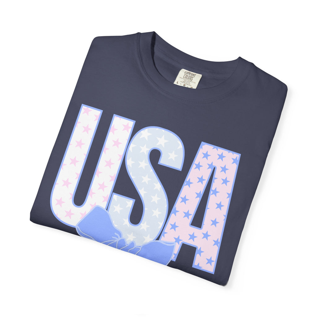 USA Bow Graphic T-Shirt — Pastel Stars Patriotic Tee