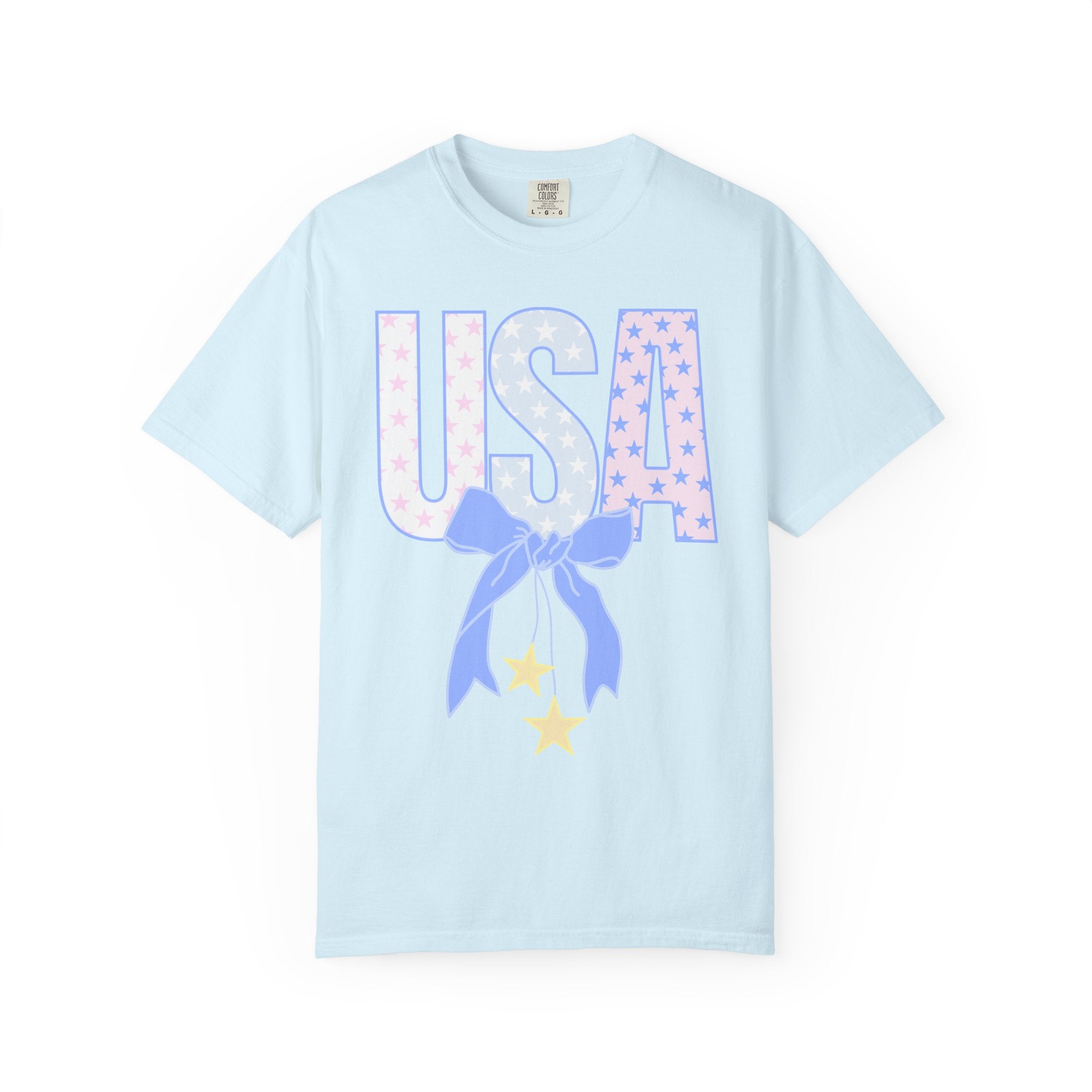 USA Bow Graphic T-Shirt — Pastel Stars Patriotic Tee