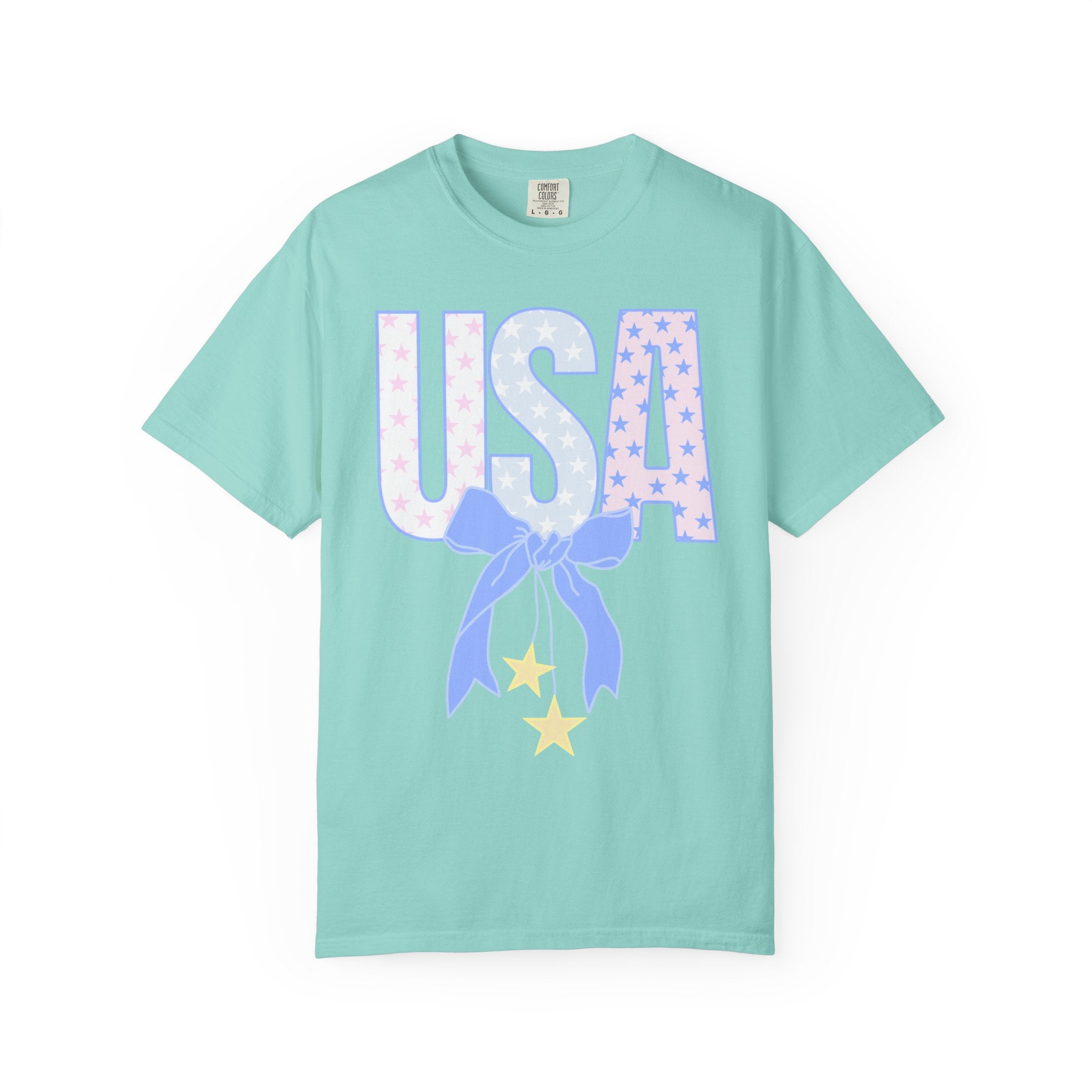 USA Bow Graphic T-Shirt — Pastel Stars Patriotic Tee