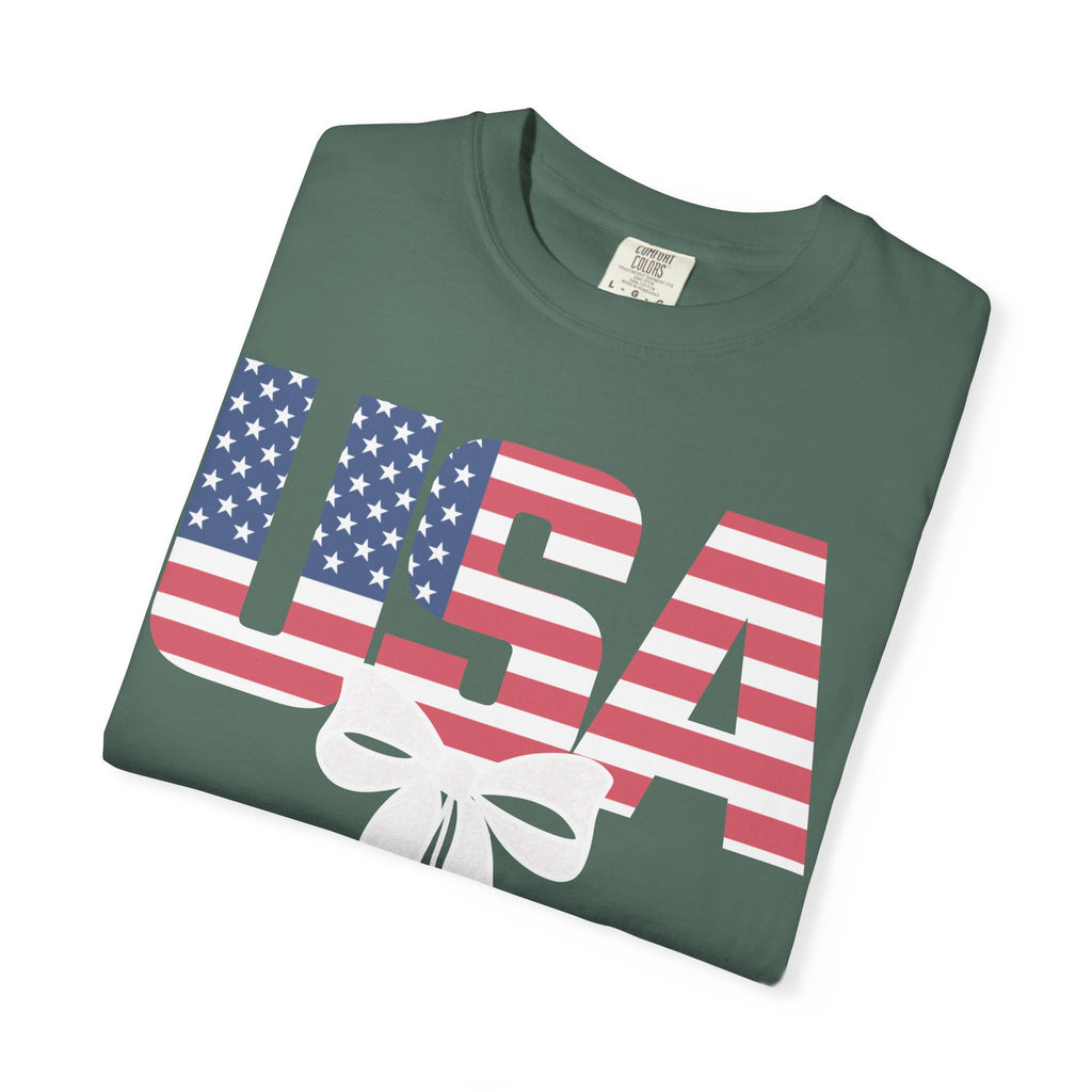 Patriotic USA Bow T-Shirt — American Flag Stars Graphic Tee for 4th of July